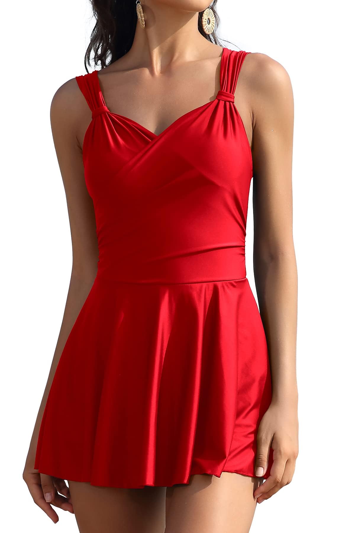 SHEKINI Elegante Traje de BañO de Una Pieza para Mujer Vestido De BañO Cruzado con Cuello en V Y Deslizamiento Interior Traje De BañO Falda de BañO