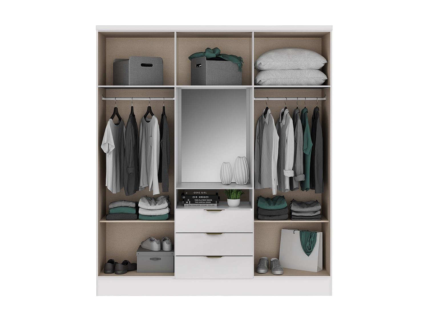 Vente-unique - Armario 6 Puertas y 3 cajones - con Espejo - 180 cm de Ancho - Color: Blanco - ELORIO