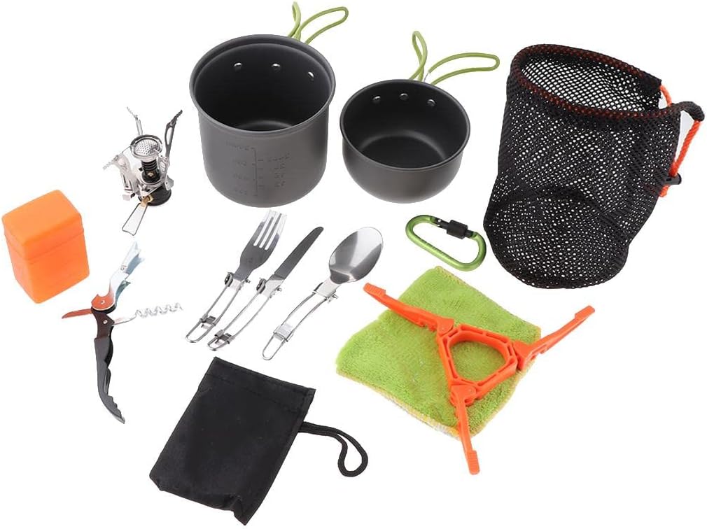 Non-Stick Camping Cookware Set Pot Pan Spoon Wine Opener Picnic BBQ Hiking Backpacking Stove Utensil - Green