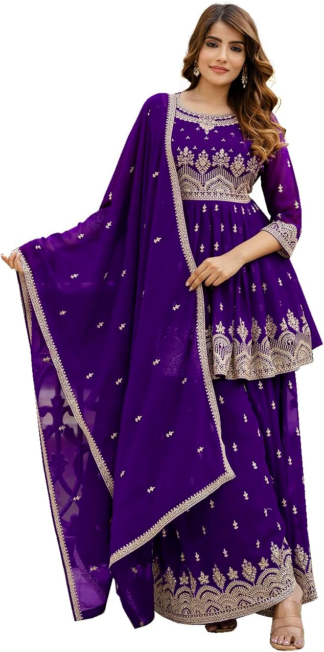 TRENDMALLS Women's Georgette Embroidery Pleated Kurta Palazo with Dupatta Salwar Suit Set