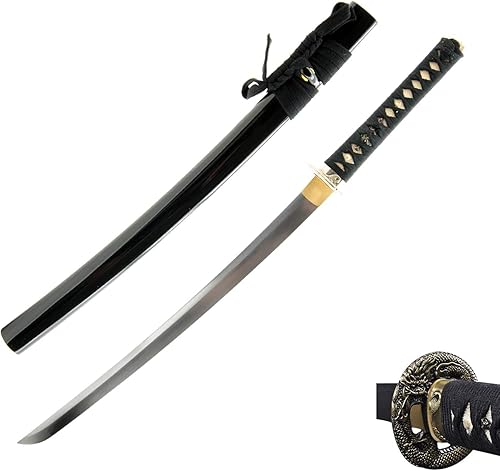 HMS Espada samurai wakizashi japonesa, dragón tsuba, forjada a mano, acero al carbono 1045, vaina trasera, afilada, lista para batalla