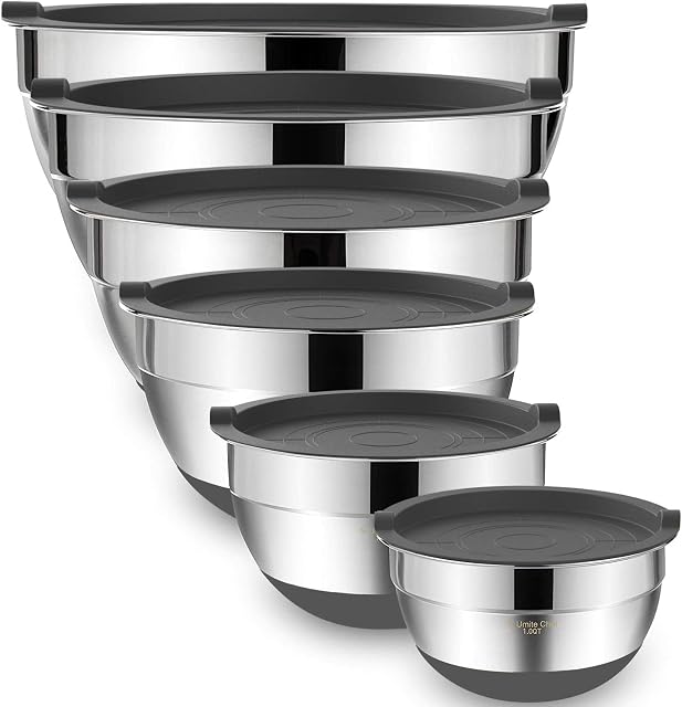 Umite Chef Mélanger des bols avec des lids hermétiques 6 Pièces en en acier inoxydable métal de nichoir Bols de rangement par Umite Chef, Taille des semelles antidérapantes 7, 3.5, 2.5, 2.0,1.5, 1QT, Idéal pour le mélange & Service (Grey)