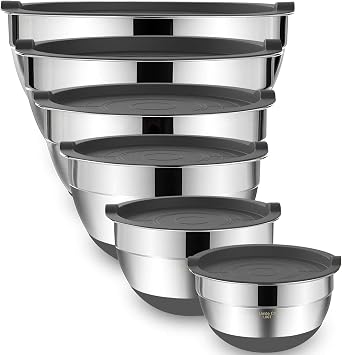 Umite Chef Mixing Bowls with Airtight Lids，6 piece Stainless Steel Metal Nesting Storage Bowls, Non-Slip Bottoms Size 7, 3.5,