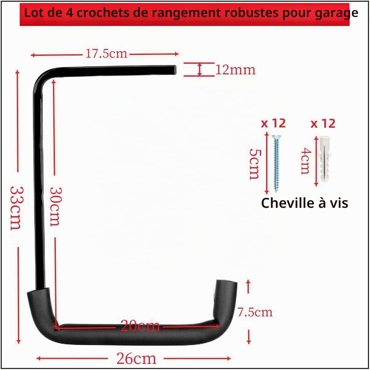 Crochets de rangement de garage robustes, étagère de rangement de garage supérieure, lot de 4 crochets d'échelle muraux, crochets de plafond et organisateur pour bois