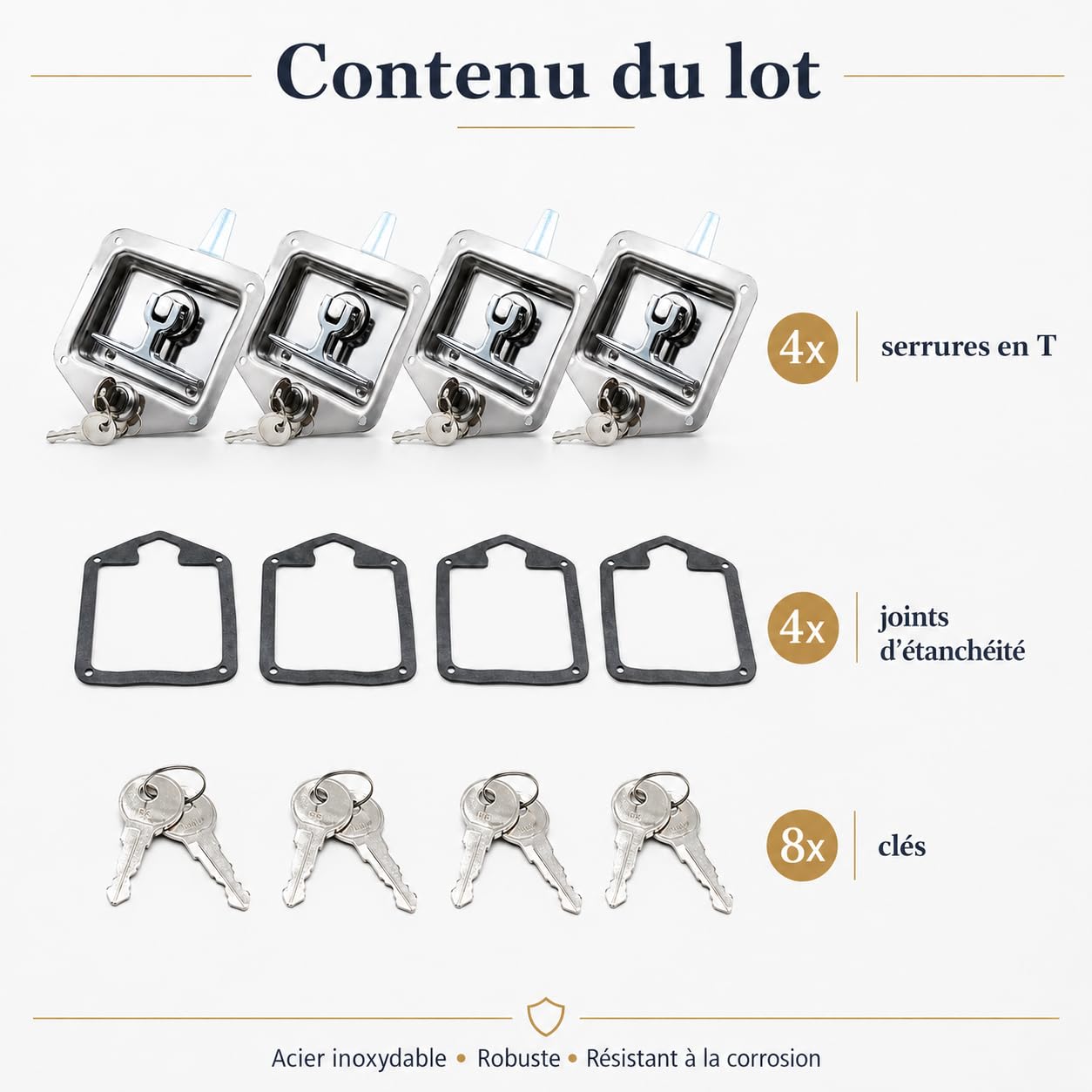 Lot de 4 serrures de boîte à outils avec poignée en T en acier inoxydable - Avec 2 clés - Pour camion, remorque, boîte à outils