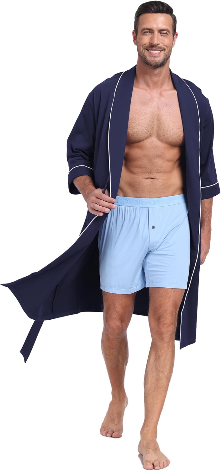 COLORFULLEAF 100% Cotton Men's Bathrobes for Summer Comfort Lightweight Breathable Short Sleeve Kimono Robe with pockets - Image 7