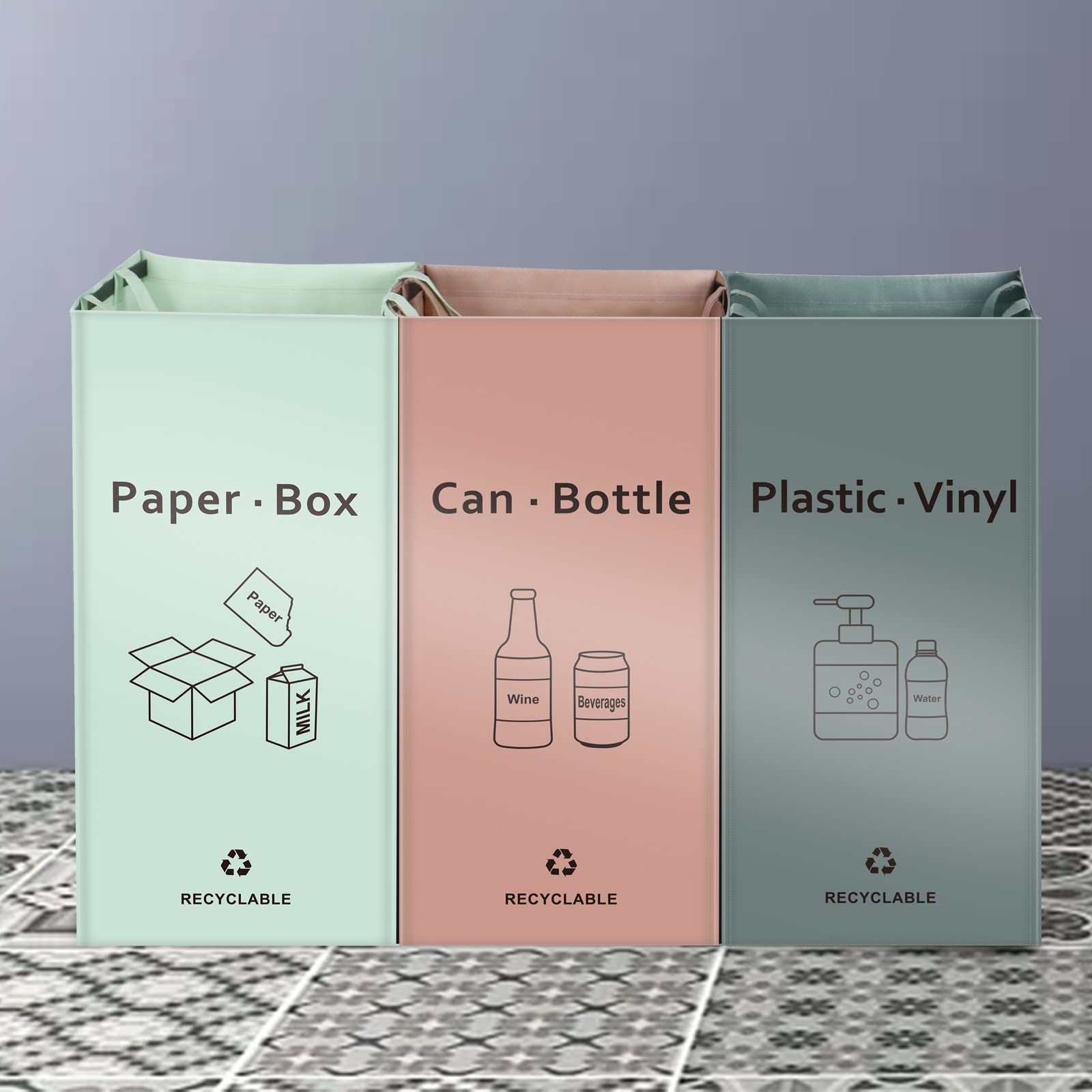 BOMEI PACK Lot de 3 Bacs de Déchets Trieur à Déchets pour Recyclage Rose Gris Vert Poubelle Extérieur Intérieur Papier Verre Plastique