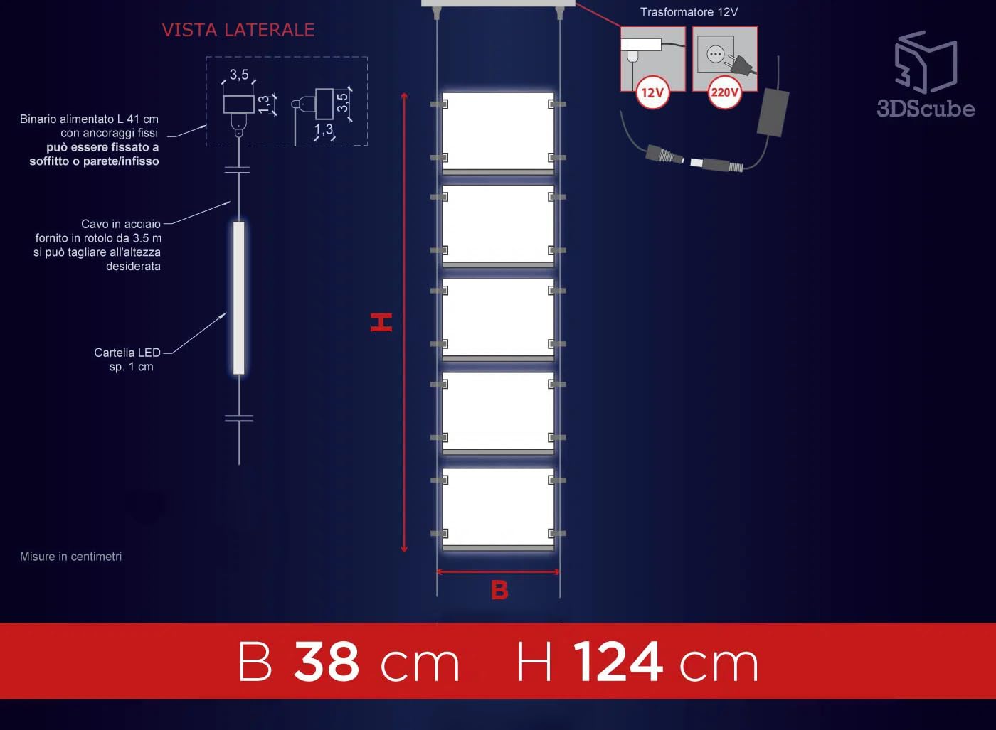 Expositor de Cables Luminoso de una Cara para escaparate EVO LED Kit 1x5 con 5 Carpetas de metacrilato A4 Horizontal, Soporte para anuncios para agencias inmobiliarias, Estudios fotográficos