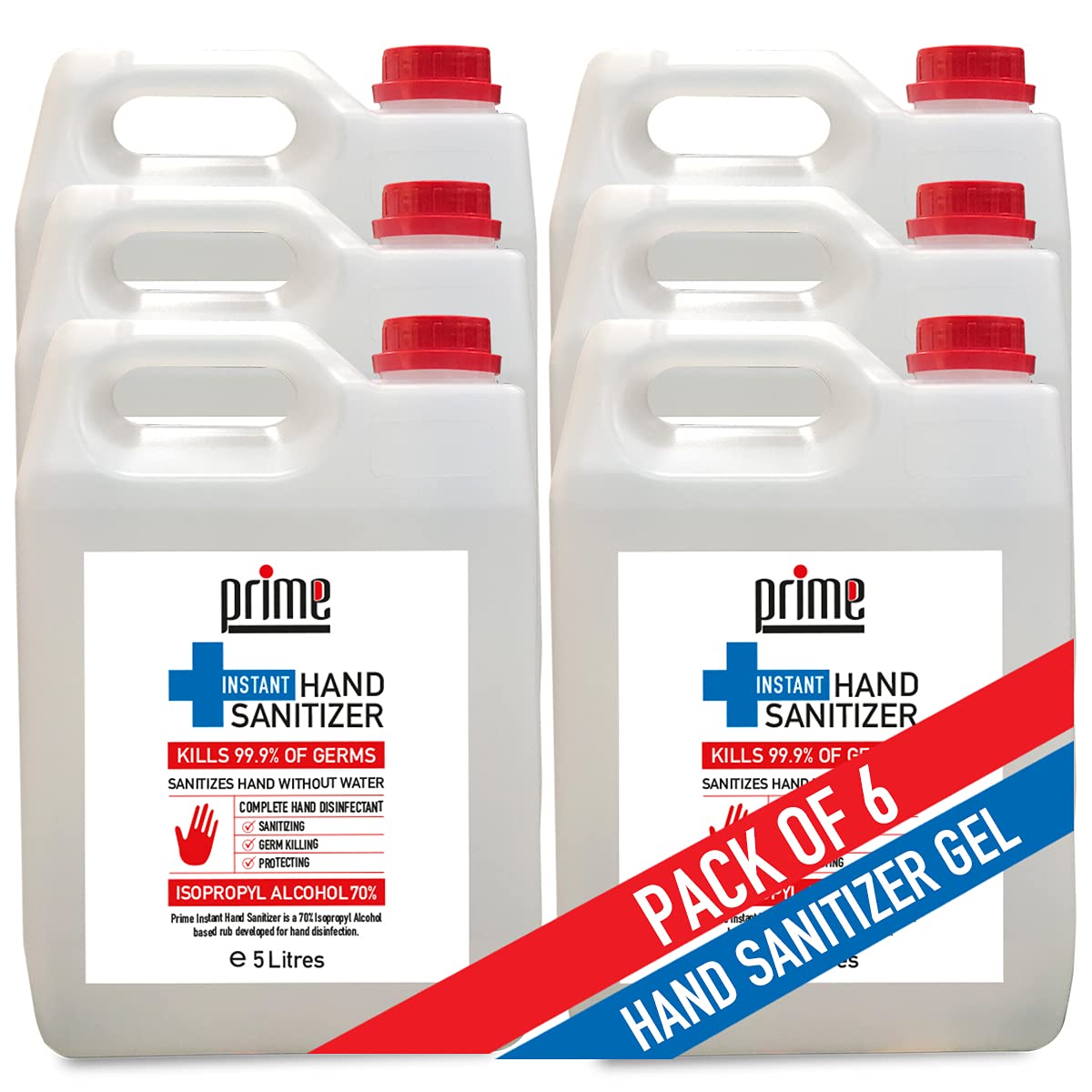 Prime Advanced Instant Hand Sanitizer Gel - 5 Litres - PACK OF 6-70% IPA - Antiseptic & Disinfectant - Moisturizers & Vitamin E - Refill - Germs Protection - Kills 99.99% Of Bacteria