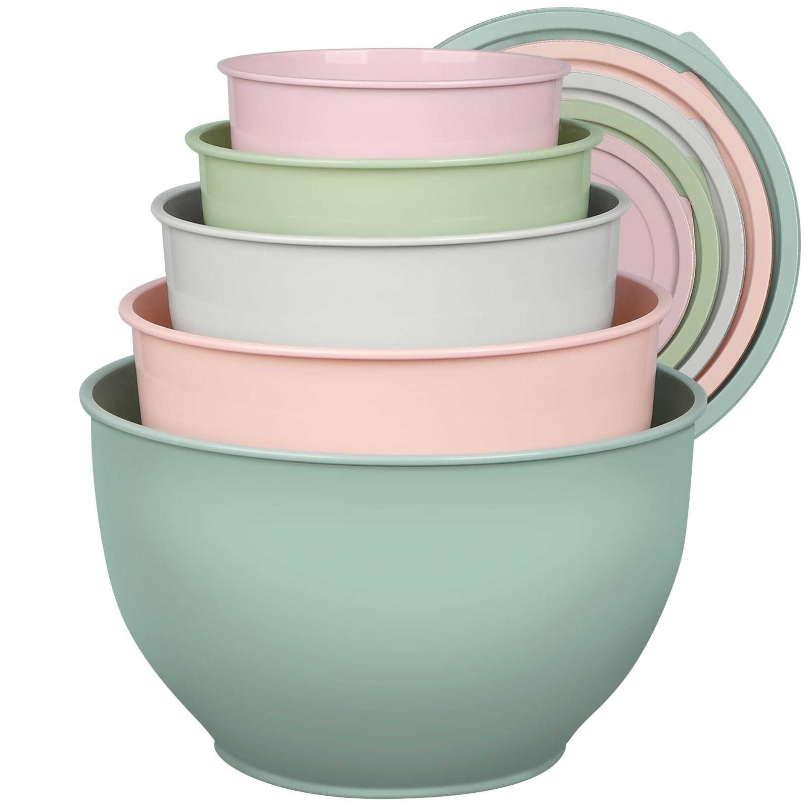 Greentainer Plastic Mixing Bowls Set with Lids, Nesting Bowls for Prepping, Serving, Cooking & Baking, Large Mixing Salad Bowl for Kitchen Storage, Dishwasher & Microwave Safe, Set of 5 (Gray&Pink)
