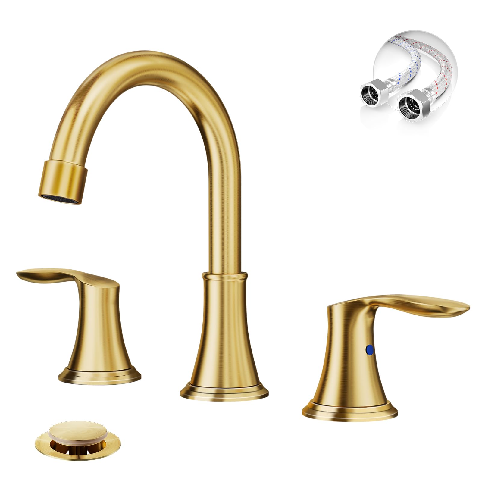 Phiestina Brushed Gold Widespread 8 Inch 3 Holes Bathroom Faucet，2 Handles Modern Bathroom Sink Faucet with Metal Pop-Up Drain & Water Supply Line, WFTY36-BG