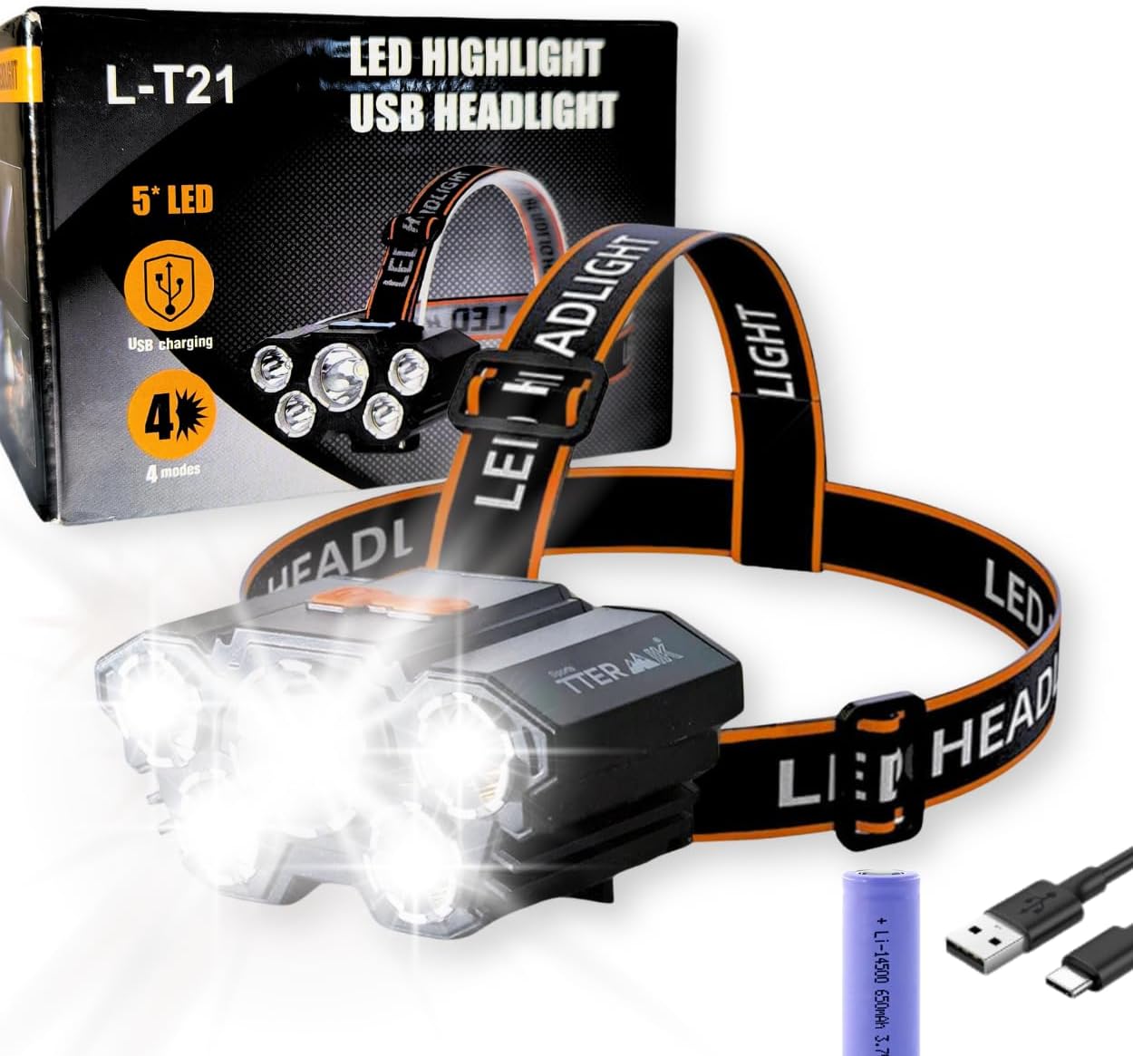 Headlamp with 5 LEDs: Waterproof, Comfortable and Safe Adjustment, 4 Light Modes - Ideal for Camping, Work, Hiking, Fishing and Hunting. Rechargeable Battery Included, Black, Orange, L-T21