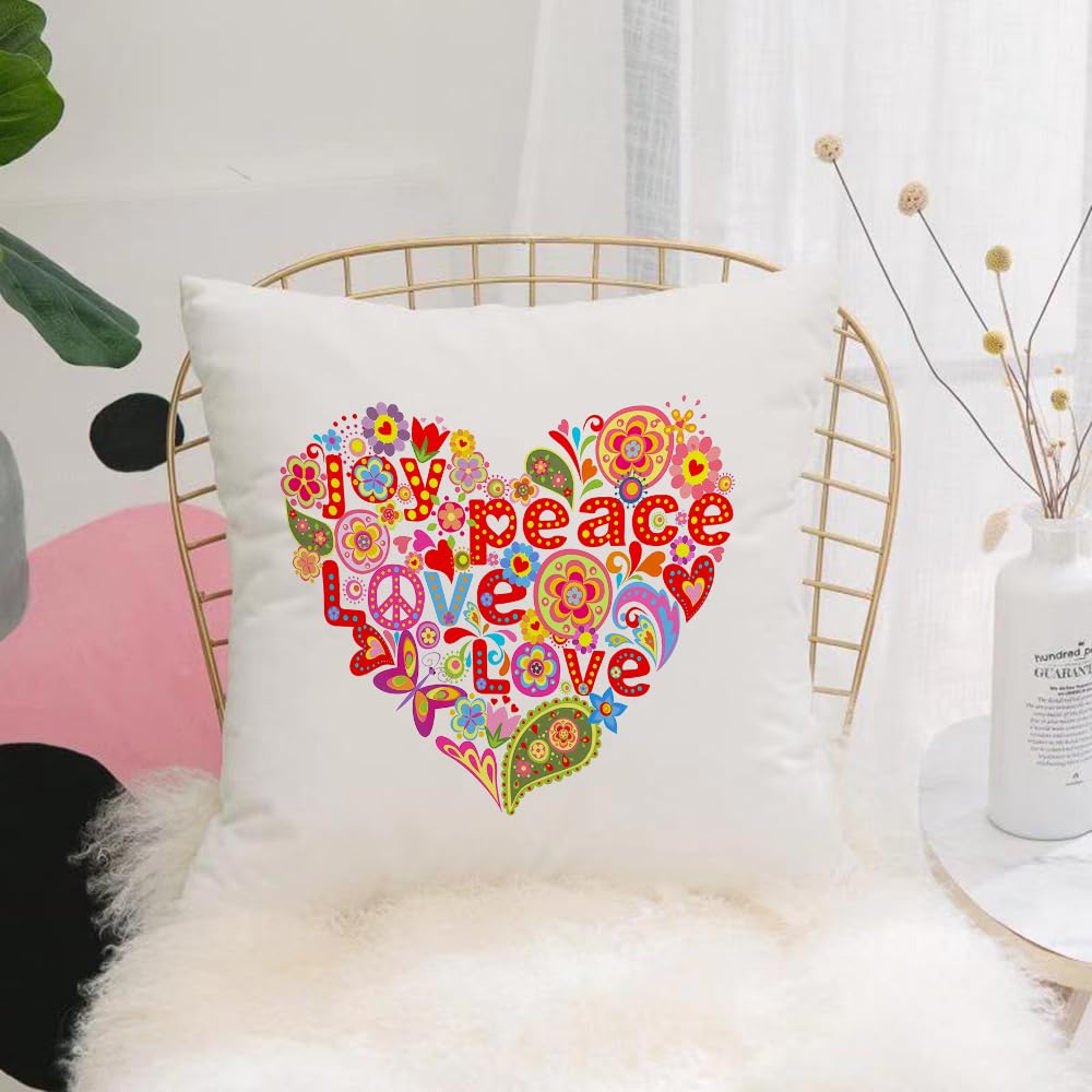 HYOSXW Cushion Cover,Throw Pillow Case Home Decorative for Living Room Bedroom Sofa Chair 16X16 Inch,Heart shape with colorful flowers and hippie symbolic,Pillowcase 40X40cm