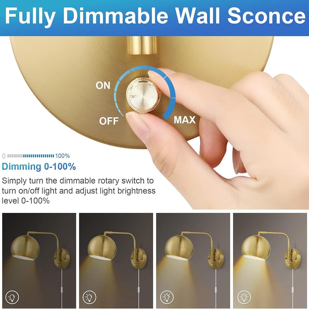 Gold Wandlampe Dimmbar mit Schalter Innen Wandleuchte mit Schalter und Stecker Drehbar Wandbeleuchtung Retro Industrial Verstellbare Wand Leselampe für Wohnzimmer, Schlafzimmer, Büro,1 stück