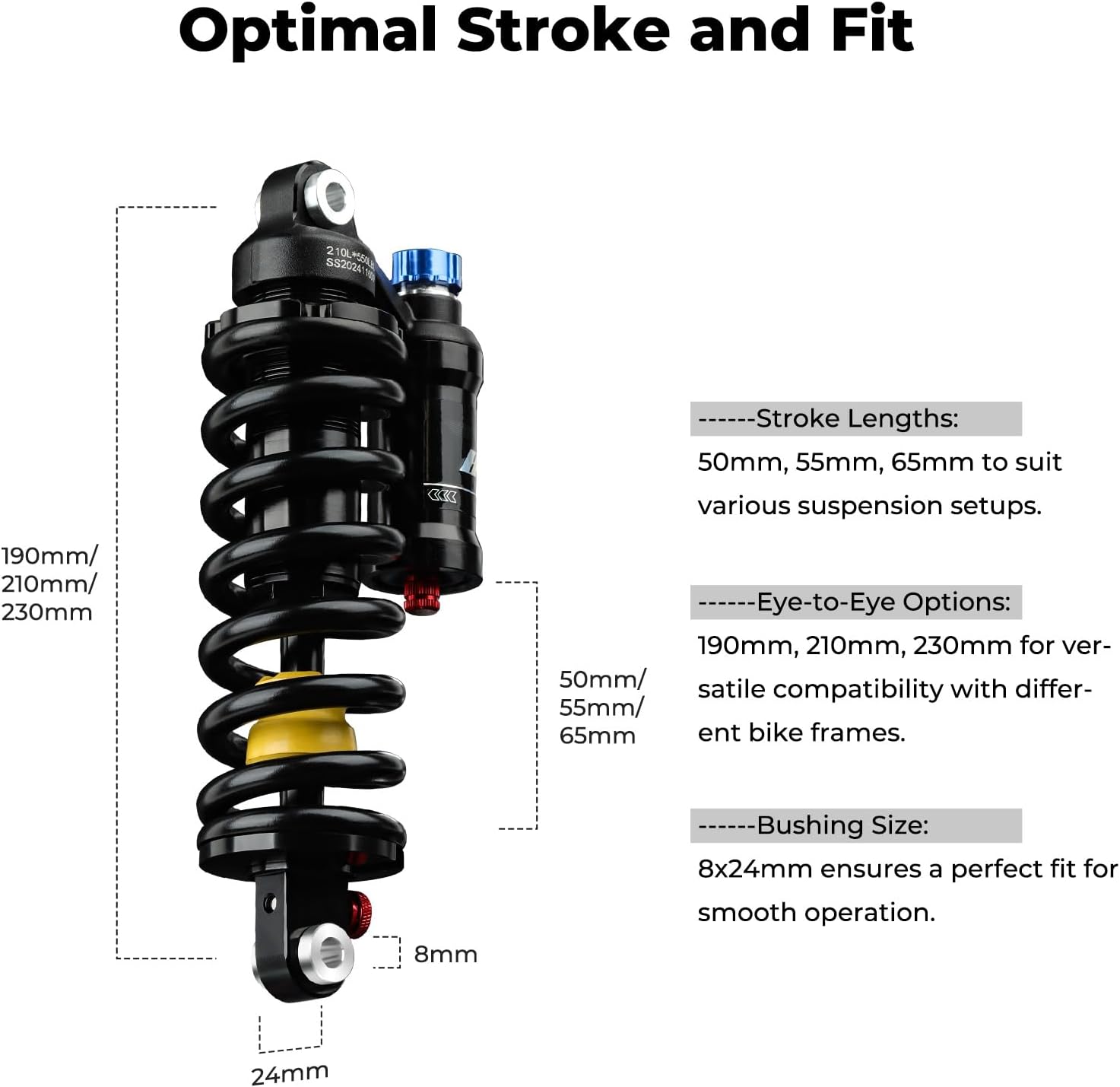 BOLANY Downhill Mountain Bike Rear Shock MTB Rear Suspension Spring Shock Absorber 190mm 210mm 230mm for MTB/Electric Mmotorbike