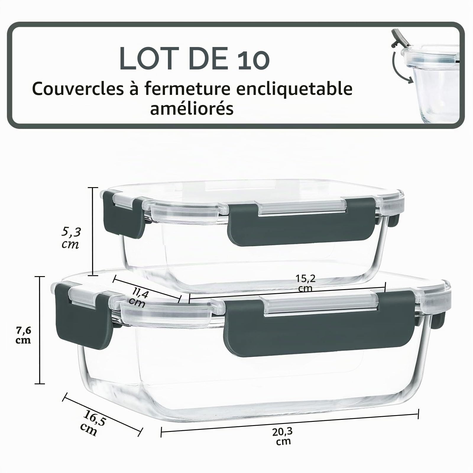MCIRCO Lot de 10 boîtes de conservation en verre avec couvercles à verrouillage à vie hermétiques pour micro-ondes, four, congélateur et lave-vaisselle