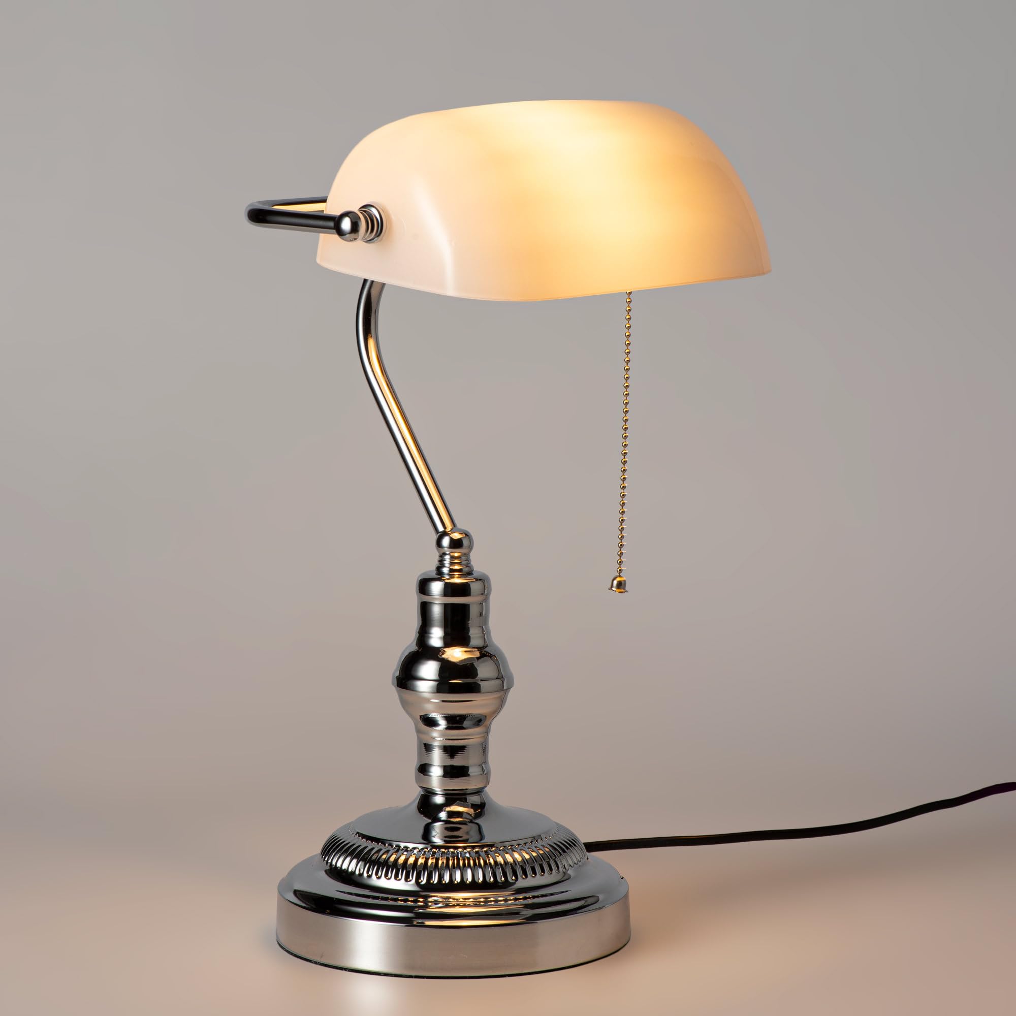 BARCELONA LED - Lampada da tavolo vintage "BANKER" con paralume bianco - Base cromata - Lampada da scrivania classica per ufficio e studio - Attacco E27