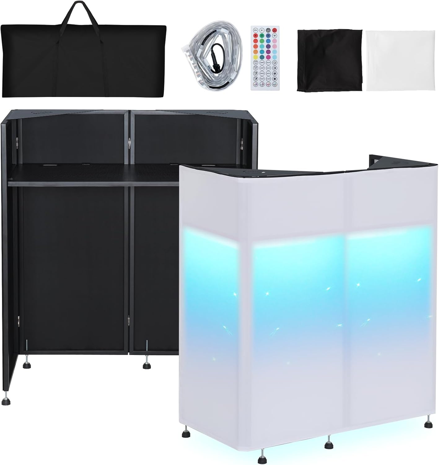 Kokorona Portable DJ Booth 20"x42.5"x45.3" with Dual Top Corners, DJ Facade Booth with Cable Hole, DJ Table Stand with Light Strip and Remote Control, Metal Frame + Black & White Scrims + Carry Bag