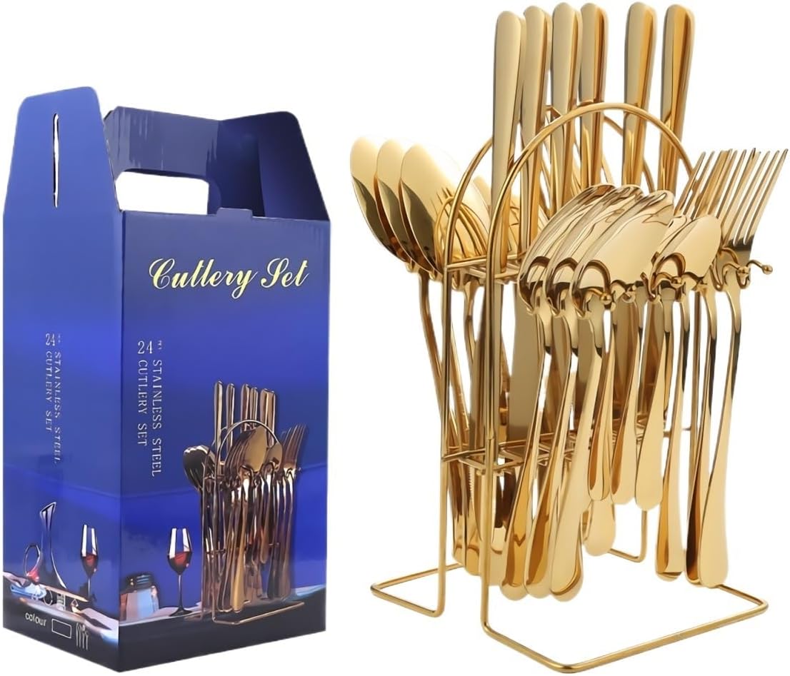 Silverware Flatware Set, 24-piece Stainless Steel Cutlery Set With Hanging Rack, Steak Knife, Fork And Spoon Pendant Cutlery Gift Box(Gold)