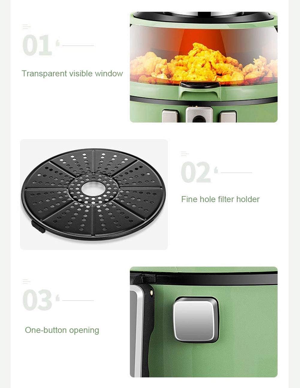 Air Fryer features: transparent window, fine hole filter holder, one-button opening