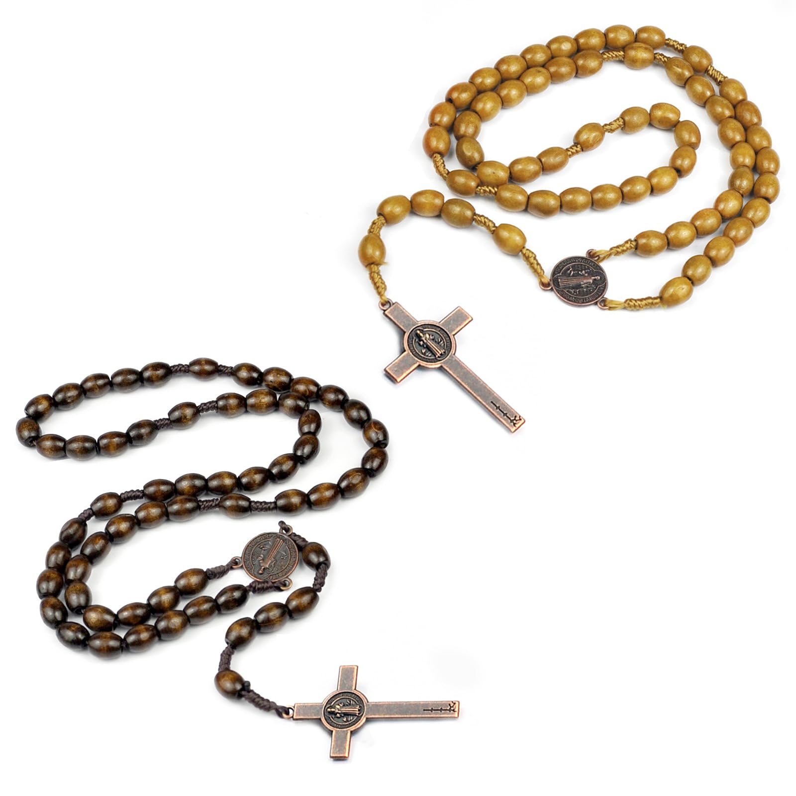 JEOPKO2 PCS Wood Rosary Necklace Smooth Rosary Beads Cross Necklace Handmade Wooden Beads Necklace from Wood Cross Gift Cross Necklace Daily Wear Religious Wedding Gift(Coffee color and Light brown)