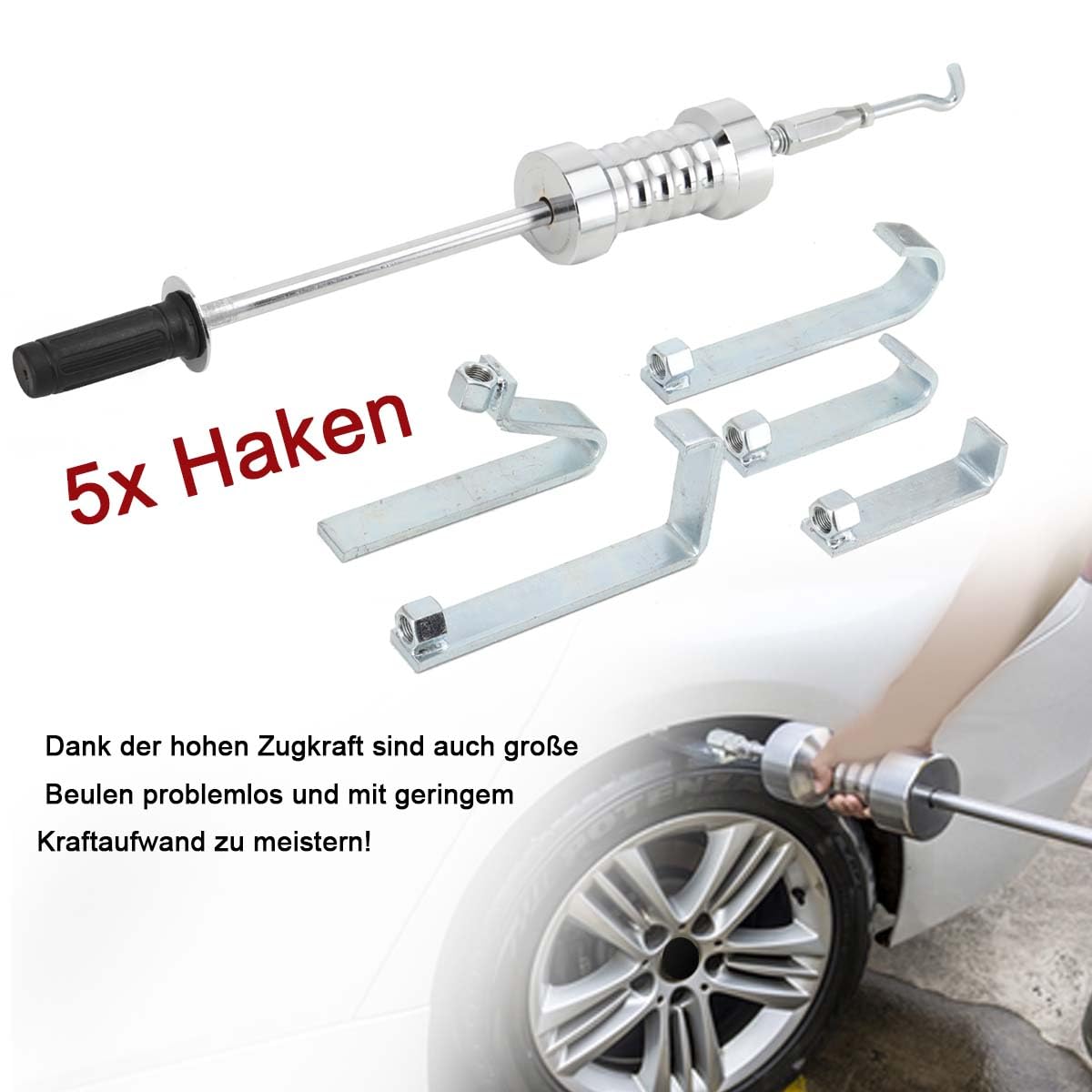 Marteau à inertie 8 kg - Outil de débosselage - Marteau de traction - Kit de débosselage - 5 crochets - Extracteur de bosses - Pour carrosserie de voiture