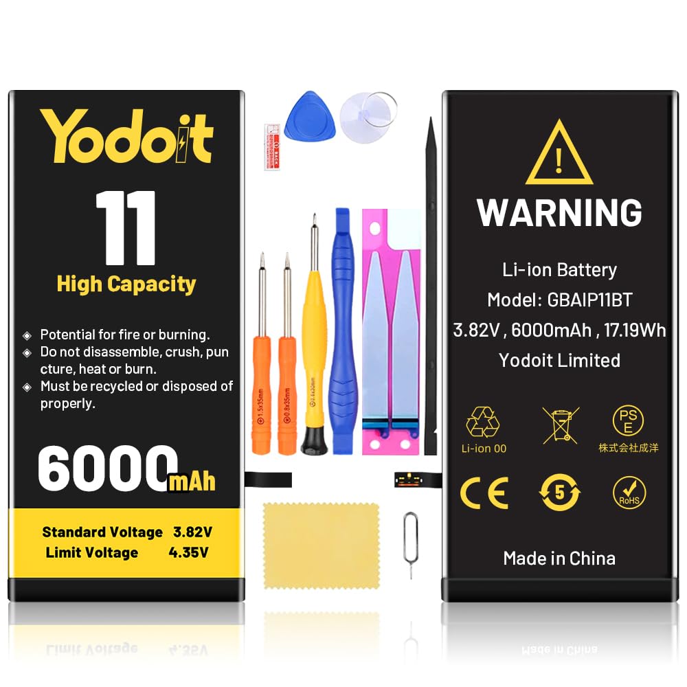 Yodoit for iPhone 11 Battery Replacement 6000mAh Battery High Capacity 0 Cycle Replacement for Model A2111, A2221, A2223 with Repair Tool Kit & Adhesive