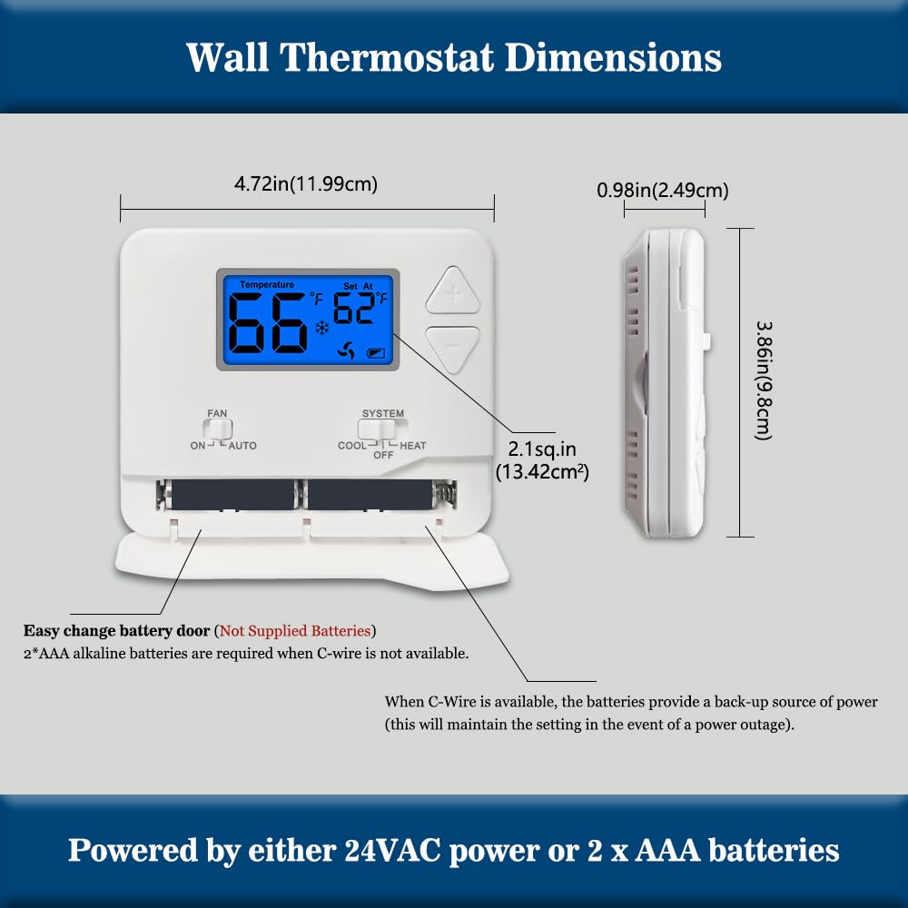 Digitales nicht programmierbares Thermostat für einstufige Heimsysteme, 1 Wärme/1 Kühlung, einfache Selbstmontage, blaue Hintergrundbeleuchtung