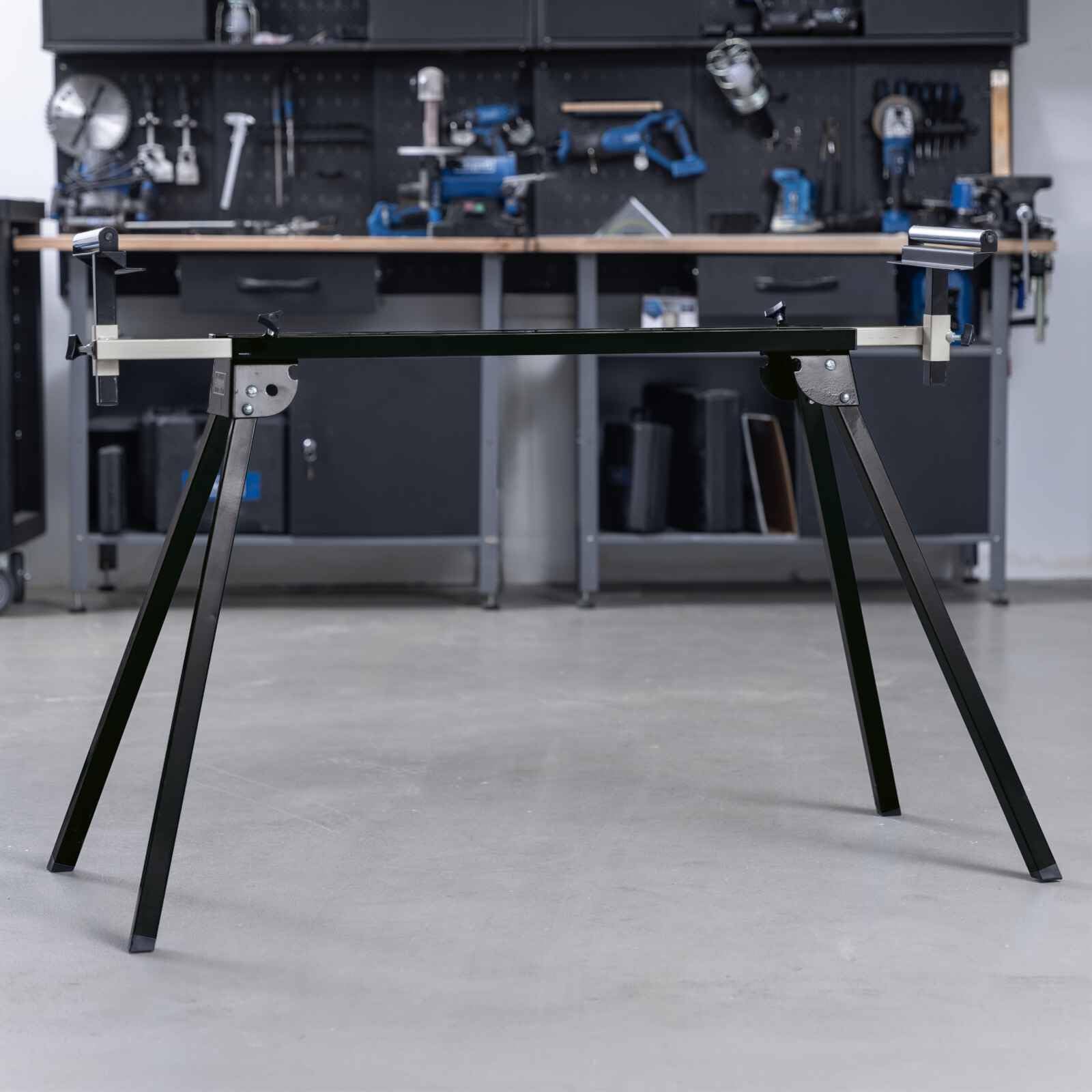 Scheppach Black Universal-Untergestell UUG1550-BE | Arbietshöhe 76,3 cm | Traglast 150 kg | Seitenverlängerung bis zu 194,5 cm | Auflagen höhenverstellbar bis 110mm