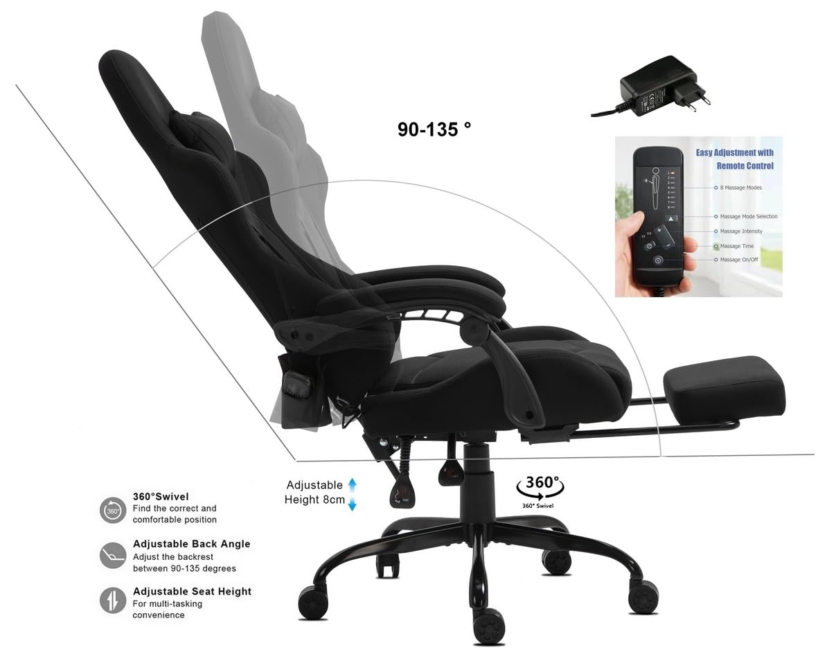 Delman Gaming Chaise Racing Chaise de Bureau Chaise d'ordinateur Fonction Massage avec 6 Points de Vibration Fauteuil de Direction Tissu Repose-Pieds Ergonomique 1036 (Black)