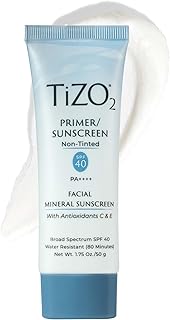 TiZO2 Facial Mineral Sunscreen and Primer, Non-tinted Broad Spectrum SPF 40 with Antioxidants, Sheer matte finish, Fragrance-Free, Oil-Free, Dermatologist-recommended, PA++++ 1.75 oz