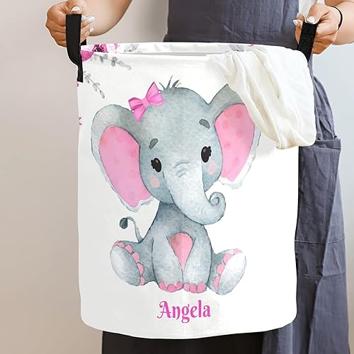 Miniatura 4 de Cestas de lavandería personalizadas de elefante rosa con nombre, cesta de almacenamiento de ropa plegable con asa para baño, dormitorio, cocina