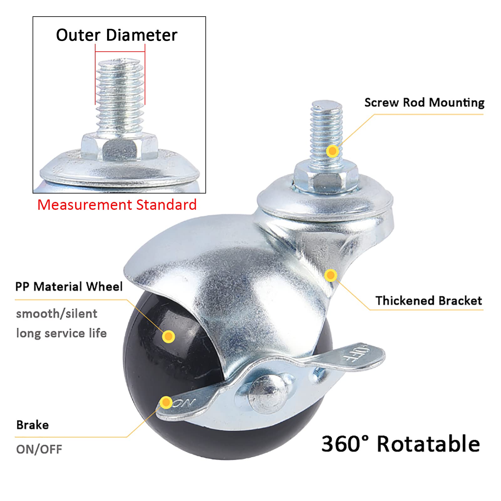 4 Ruote Girevoli Con Freni - Per Mobili Pesanti, Rotelle Con Vite M8, Diametro 40 Mm, Carico 50 Kg L'una - Foto 9
