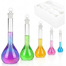 5 Pcs Volumetric Flask Set 10ml 25ml 50ml 100ml 250ml Class A, ASTM E288 3.3 Boro Glass Bottle with Ground Stopper High Accuracy Laboratory Glassware for Laboratory Project Measuring Glassware