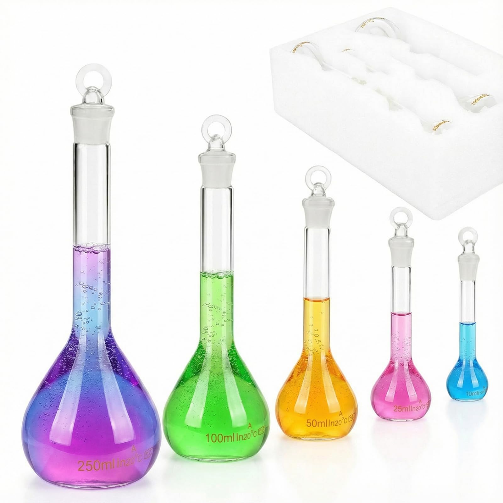 Photo 1 of Joyfolk 5 Pcs Volumetric Flask Set 10ml 25ml 50ml 100ml 250ml Class A, ASTM E288 3.3 Boro Glass Bottle with Ground Stopper High Accuracy Laboratory Glassware for Laboratory Project Measuring Glassware