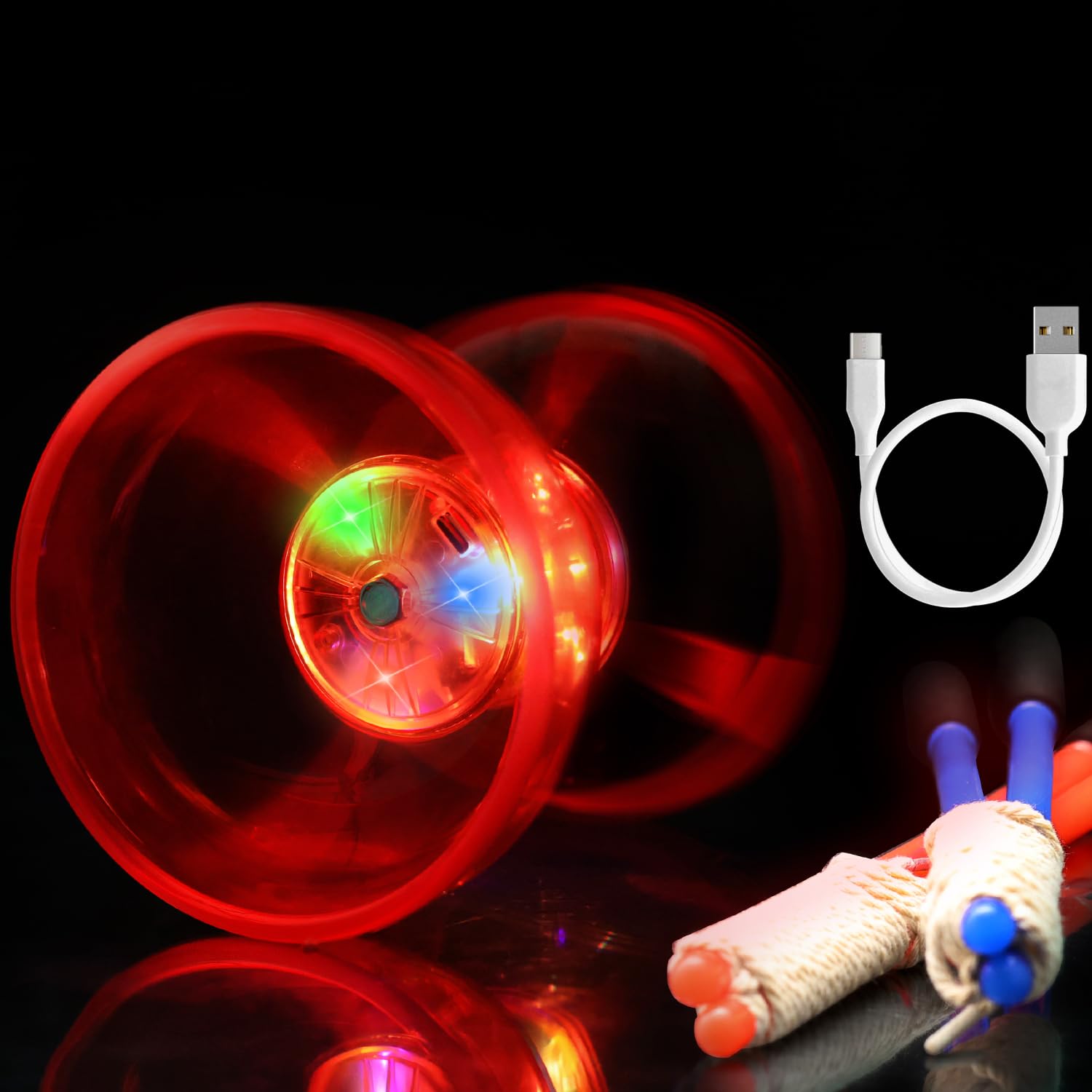 Rechargeable LED Diabolo Toy Set - Lightweight, Durable, with Vibrant Light Effects - Perfect for Beginners and Performers - Complete Kit with Sticks and Spare Strings (Red)