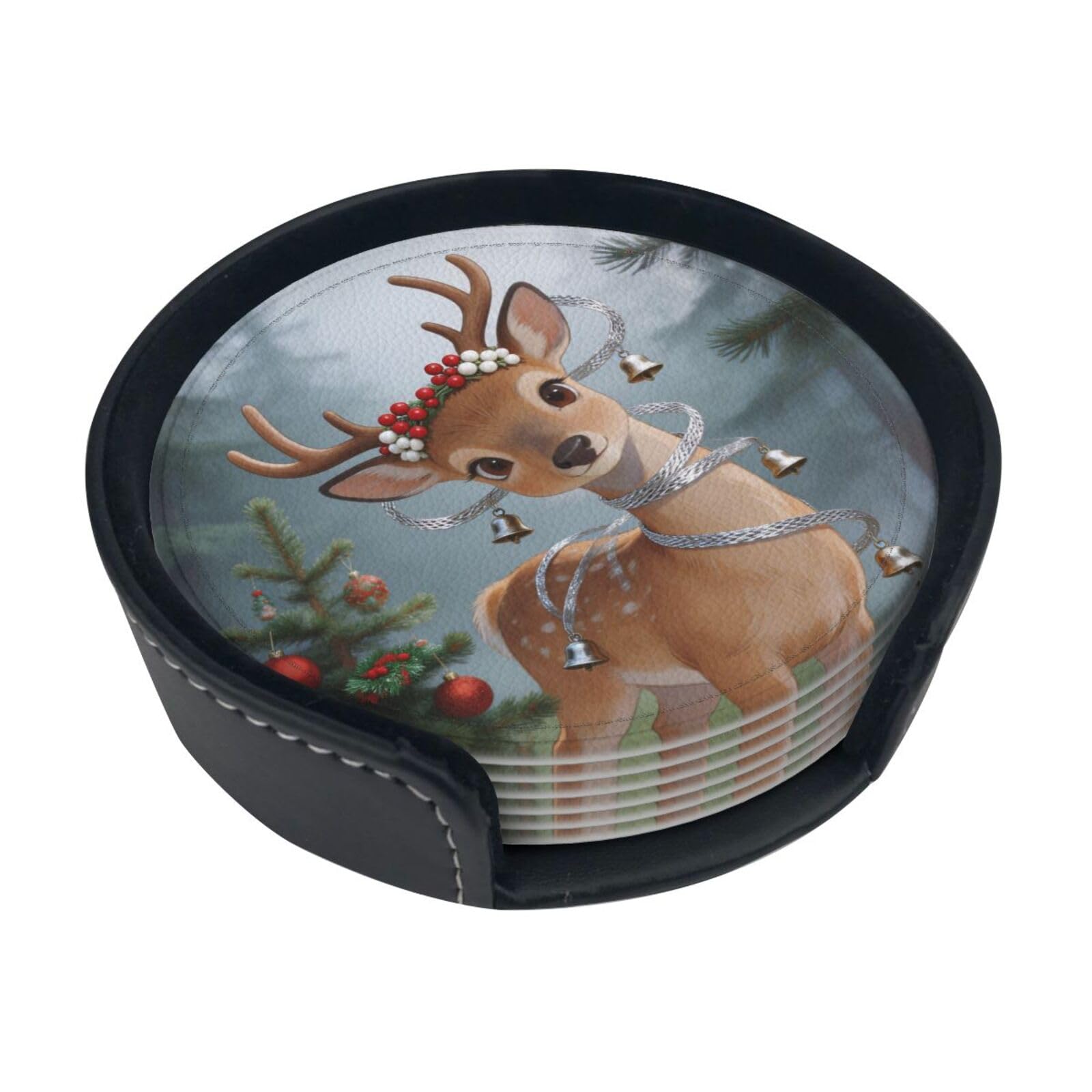 Deer Princess Leather Coasters-Set of 6 with Storage Holder