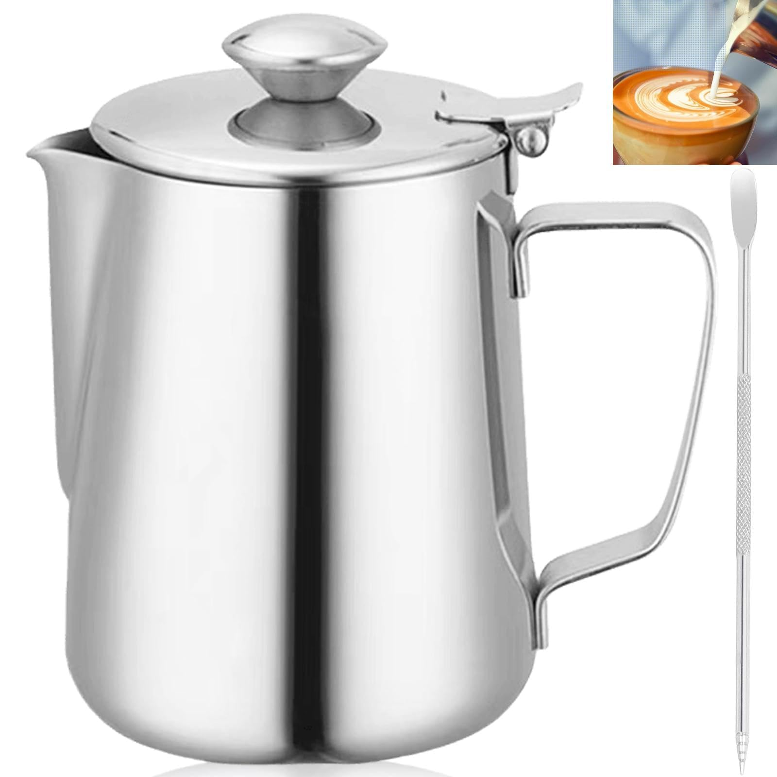 GOMETY 350ml Edelstahl Milchkännchen mit Deckel, Milchkanne Kaffee Kännchen Milchaufschäumer Sahnekännchen Milchschaumkännchen Coffee Barista Zubehör mit Kaffee-Latté-Art-Nadel für Cappuccino (350ml)
