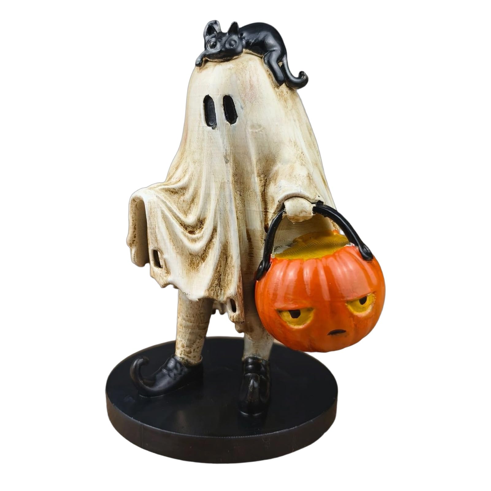 tabecou Vintage Halloween Ghost Figurine, Cute Spooky Resin Statue with Pumpkin Bucket & Black Cat for Kitchen, Home Decor B