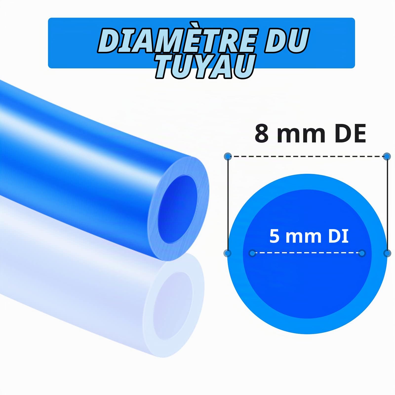 Kit de tube de tuyau d'air en polyuréthane bleu 10M PU, 8 mm OD x 5 mm ID avec 14 kits de connecteur