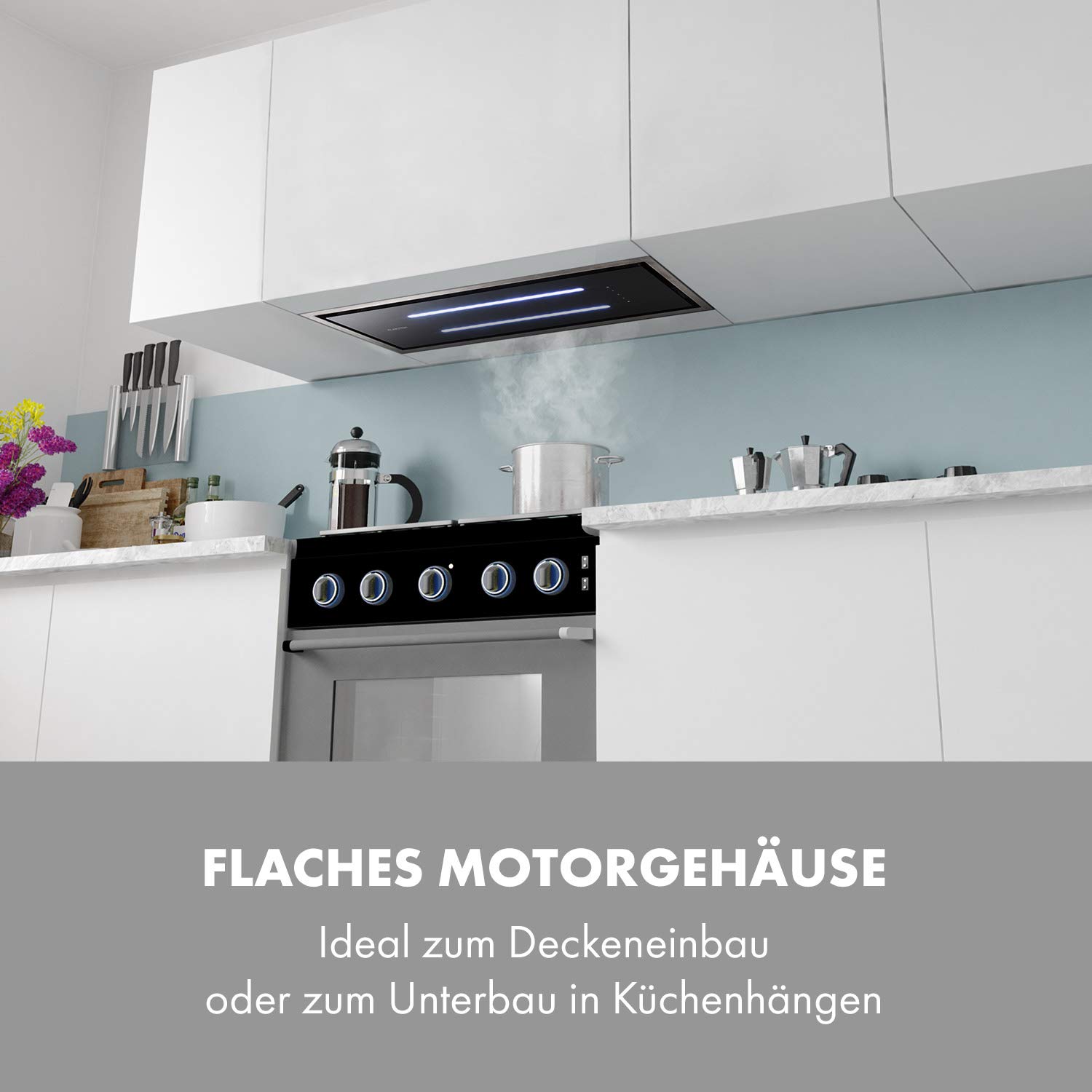 Klarstein High Line Deckenhaube 77 cm 410 m3/h Umluft Abluft LED Fernbedienung Edelstahl schwarzes Glas