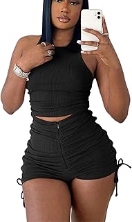 bluewolfsea Women Plus Size Sexy 2 Piece Outfits Workout Sets Summer Ribbed Crop Tank Top Ruched Drawstring Shorts Set XX-...