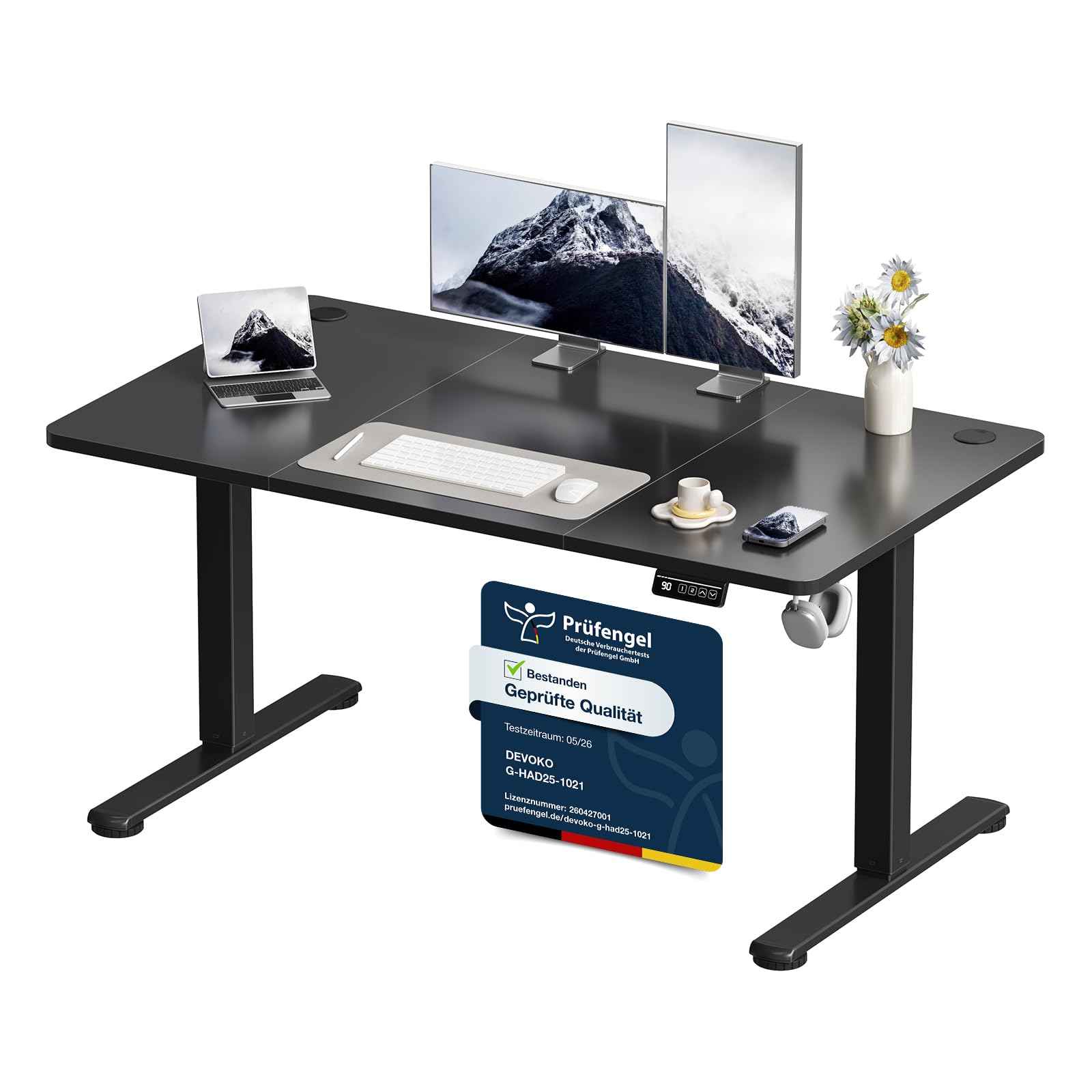 Devoko Elektrisch Höhenverstellbarer Schreibtisch 130 x 60cm, Stabiler Schreibtisch Höhenverstellbar Tisch, Steh-Sitz Bürotisch, Computertisch mit Memory-Funktion, Stehpult, Standing Desk, Schwarz