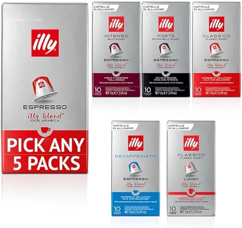 Illy Espresso Ground Coffee Nespresso Compatible Coffee Capsules. Pick Any 5 Packs from: Decaf, Intenso, Classico, Forte, Lungo. (Each Pack 10 Pods, Total 50 Pods)