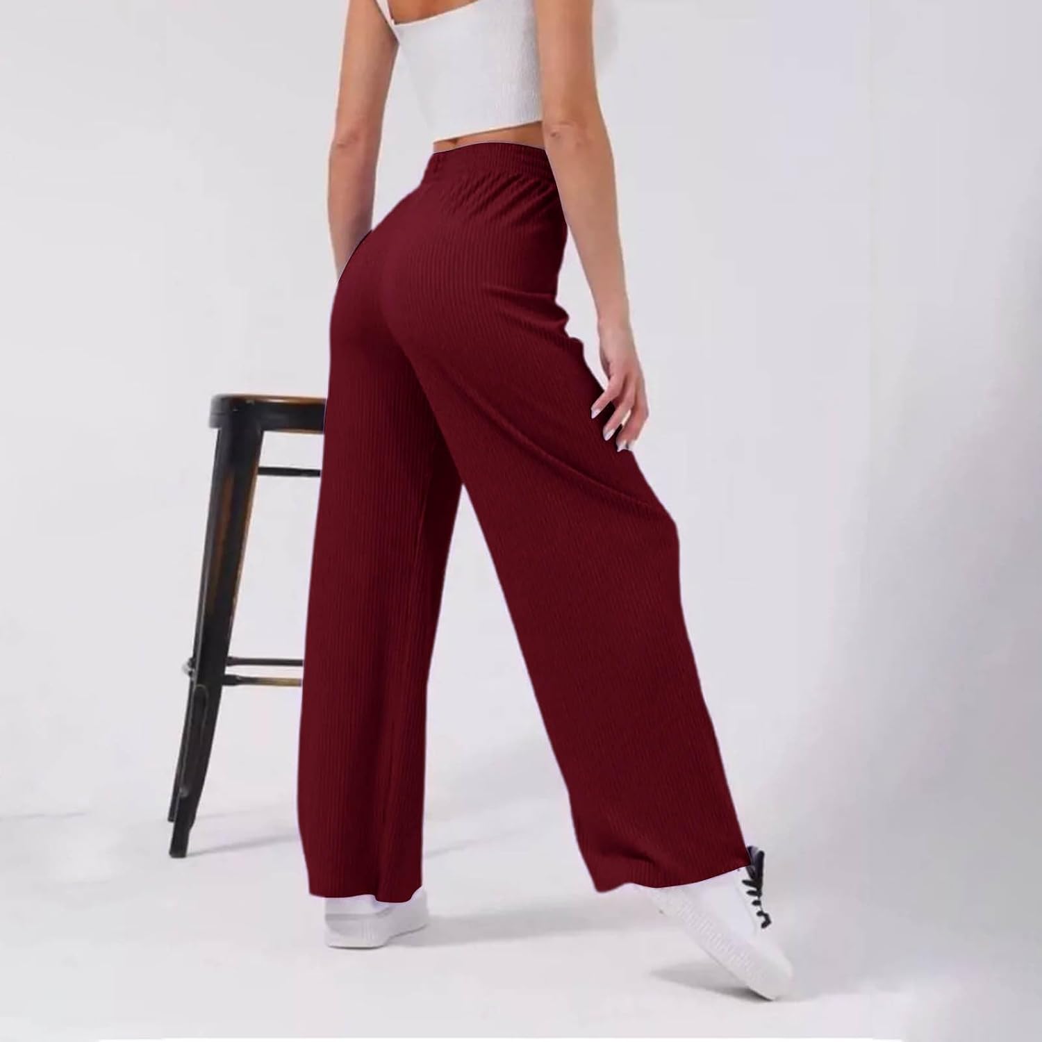Women's Wide Leg Sweatpant Drawstring High Waisted Ribbed Baggy Lounge Pant Fashion Solid Sport Summer Fall Trouser