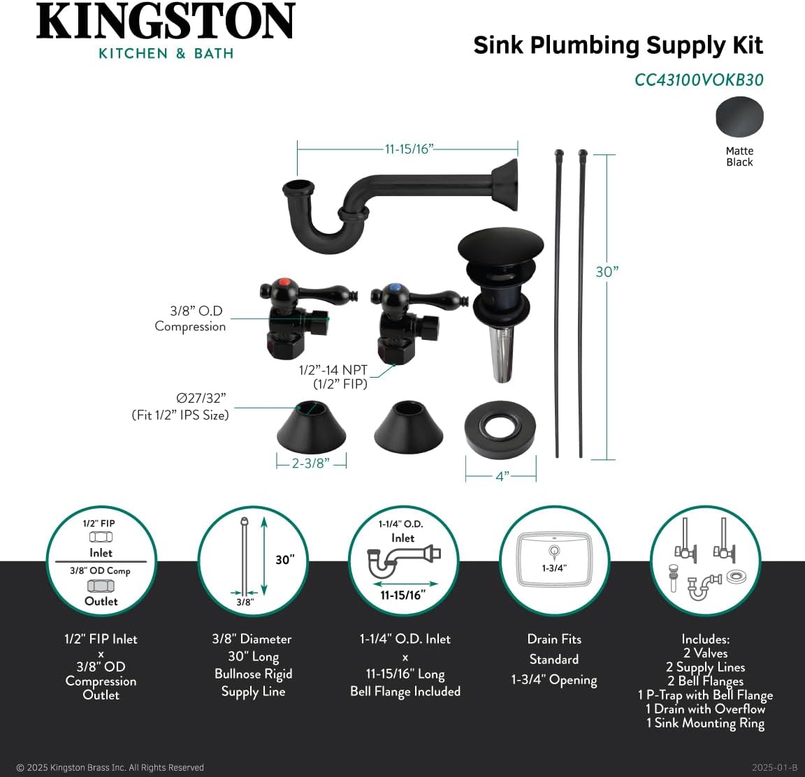 Kingston Brass CC43100VOKB30 Trimscape Traditional Plumbing Sink Trim Kit with P-Trap and Overflow Drain in Matte Black