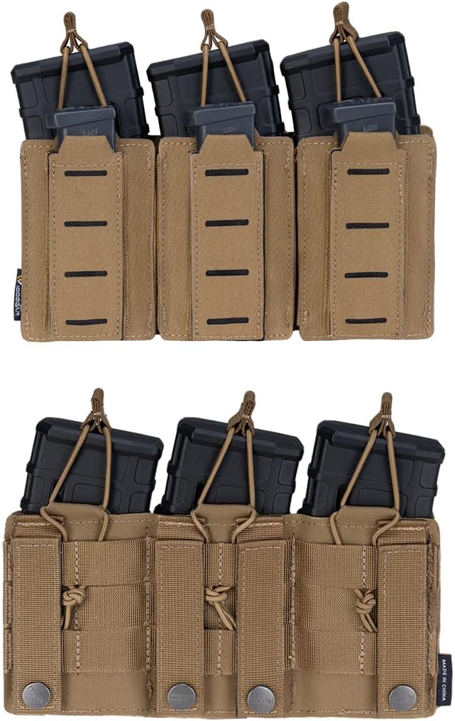 IDOGEAR Triple Mag Pouches Kangaroo Magazine Pouch for 9mm Pistol Magazines and 5.56mm Rifle Magazines Universal MOLLE Tactical Pouches Elastic Adjustable