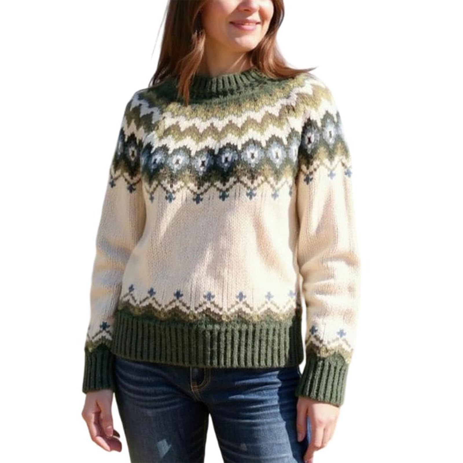 Womens Pullover Vintage Fair Isle Sweaters 2025 Fall Winter Casual Loose Long Sleeve Crewneck Knitted Sweaters Tops