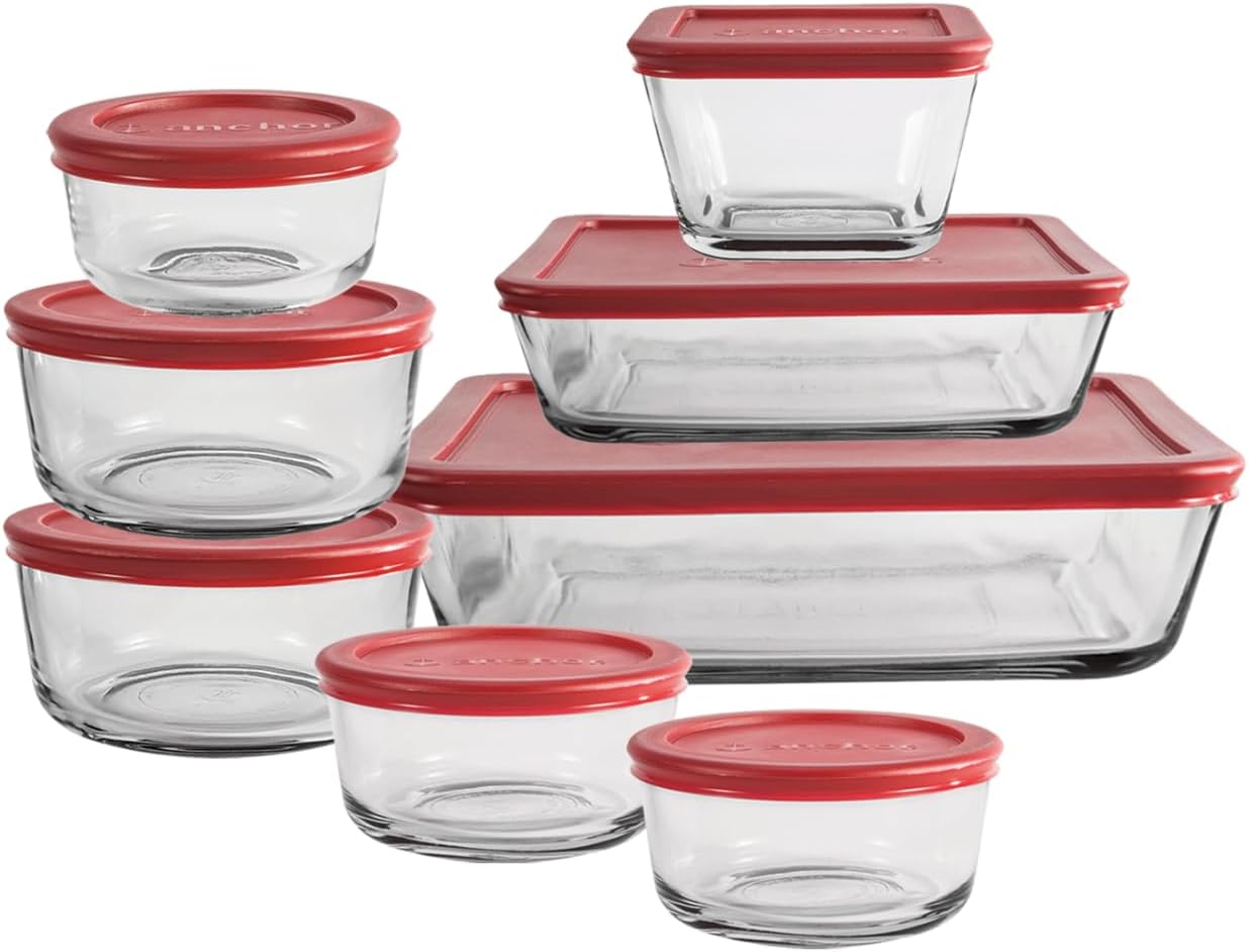 Anchor Hocking SnugFit Food Storage containers, Large, Red Lids