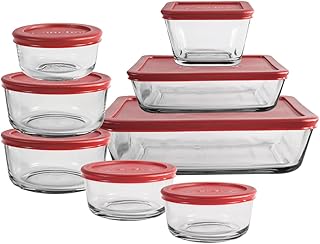Anchor Hocking 16 Piece Glass Storage Containers with Lids (8 Glass Food Storage Containers & 8 Red SnugFit Lids)